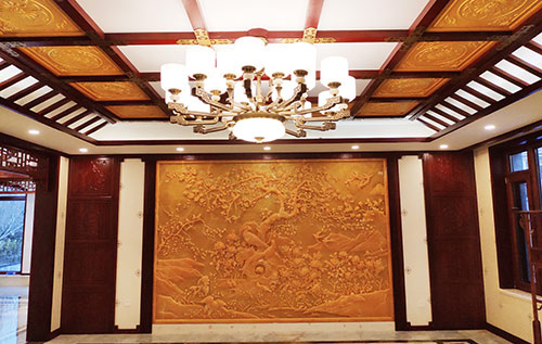柳江中式别墅客厅中式木作横梁吊顶装饰展示